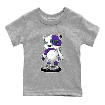 Cyborg Bear baby and kids t-shirt crafted for little sneakerheads to shine with the Air Jordan 5 Grape sneakers, displayed in Heather Grey 2.