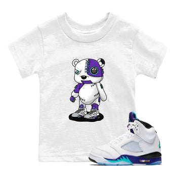 Cyborg Bear baby and kids t-shirt crafted for little sneakerheads to shine with the Air Jordan 5 Grape sneakers, displayed in White 1.