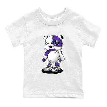 Cyborg Bear baby and kids t-shirt crafted for little sneakerheads to shine with the Air Jordan 5 Grape sneakers, displayed in White 2.