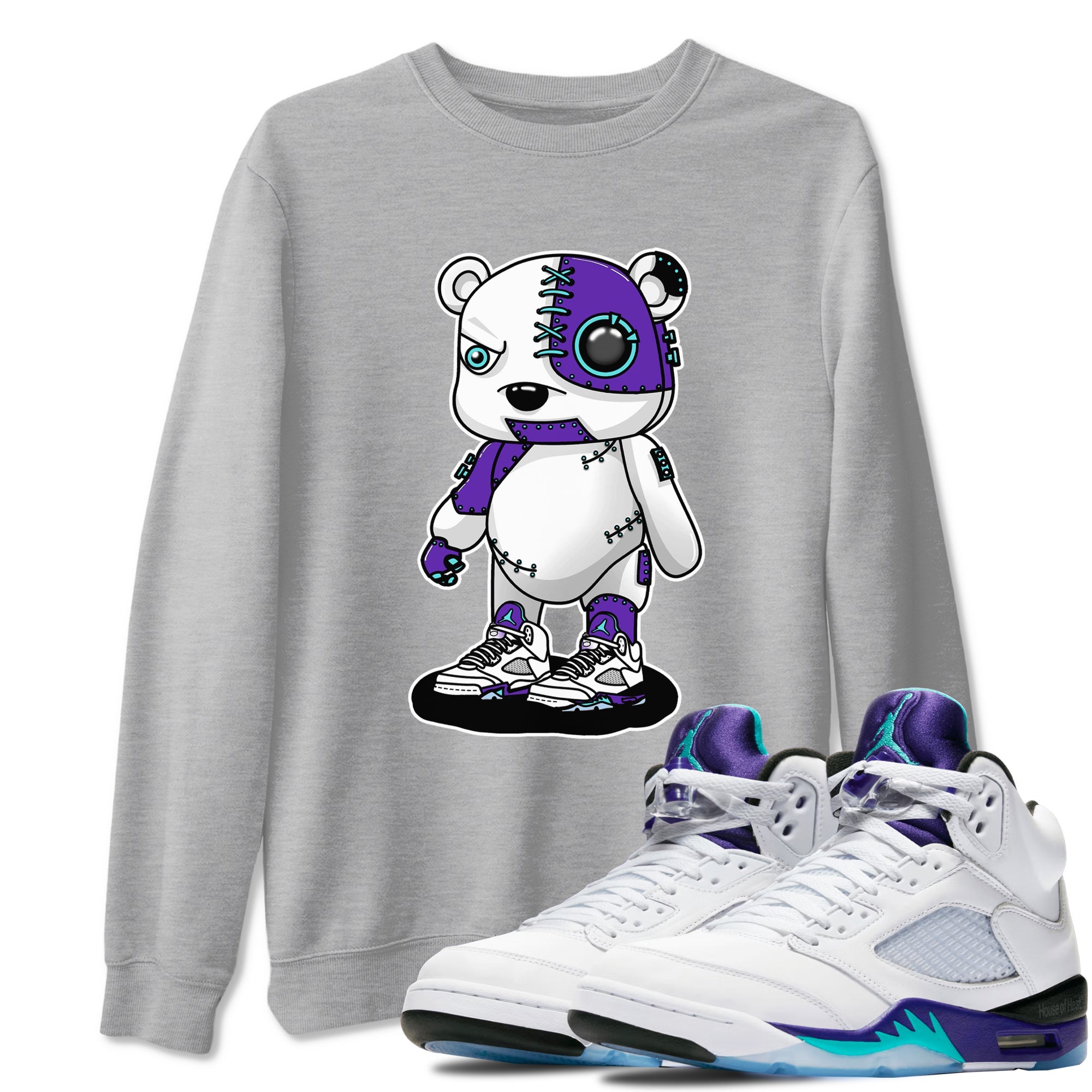 Cyborg Bear sneaker match t-shirt styled to complete your fit with the Air Jordan 5 Grape sneakers, shown in Heather Grey 1.