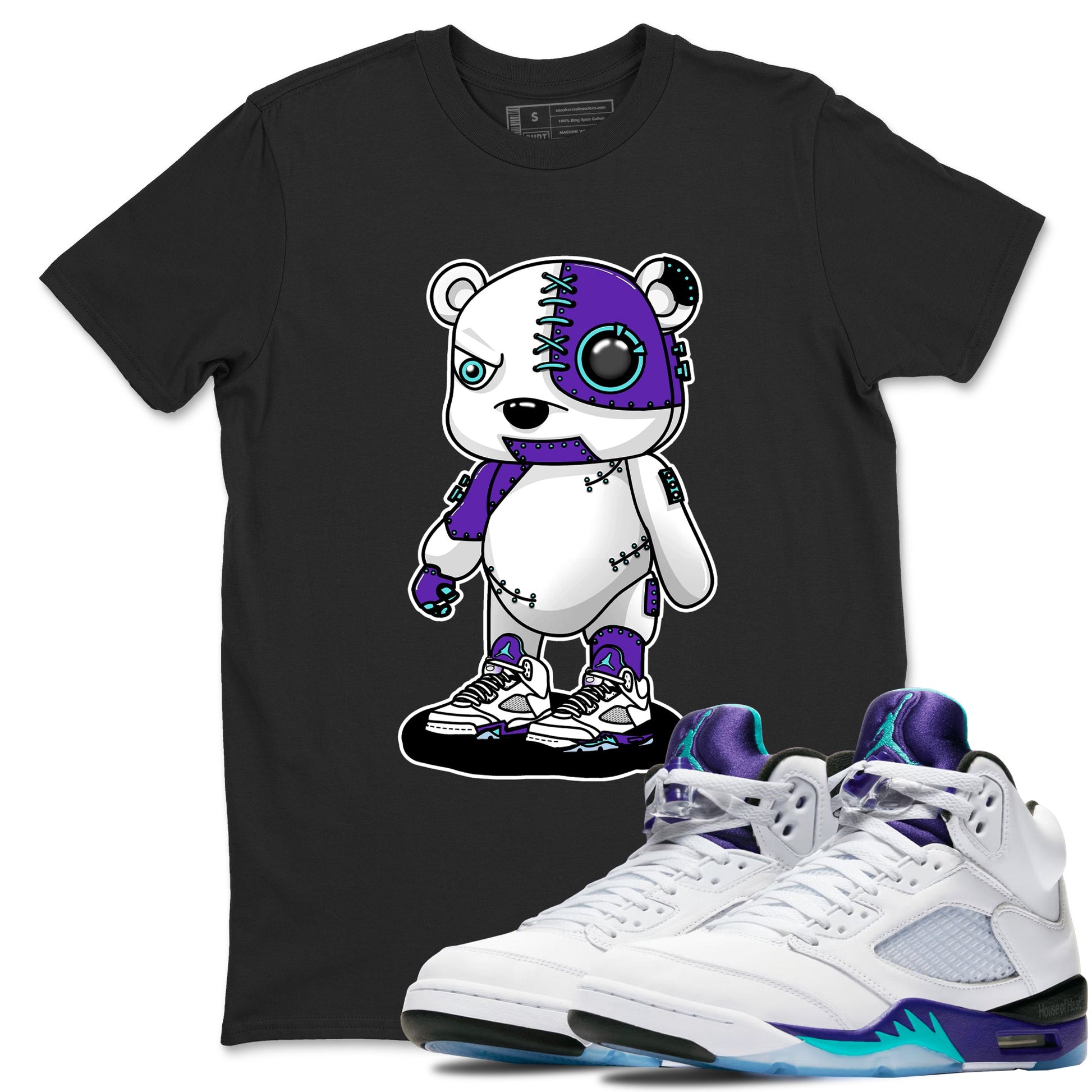 Cyborg Bear sneaker match t-shirt styled to complete your fit with the Air Jordan 5 Grape sneakers, shown in Black 1.