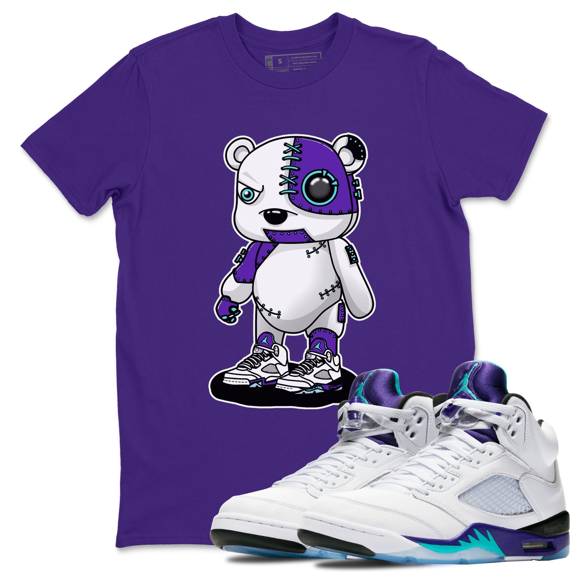 Cyborg Bear sneaker match t-shirt styled to complete your fit with the Air Jordan 5 Grape sneakers, shown in Purple 1.