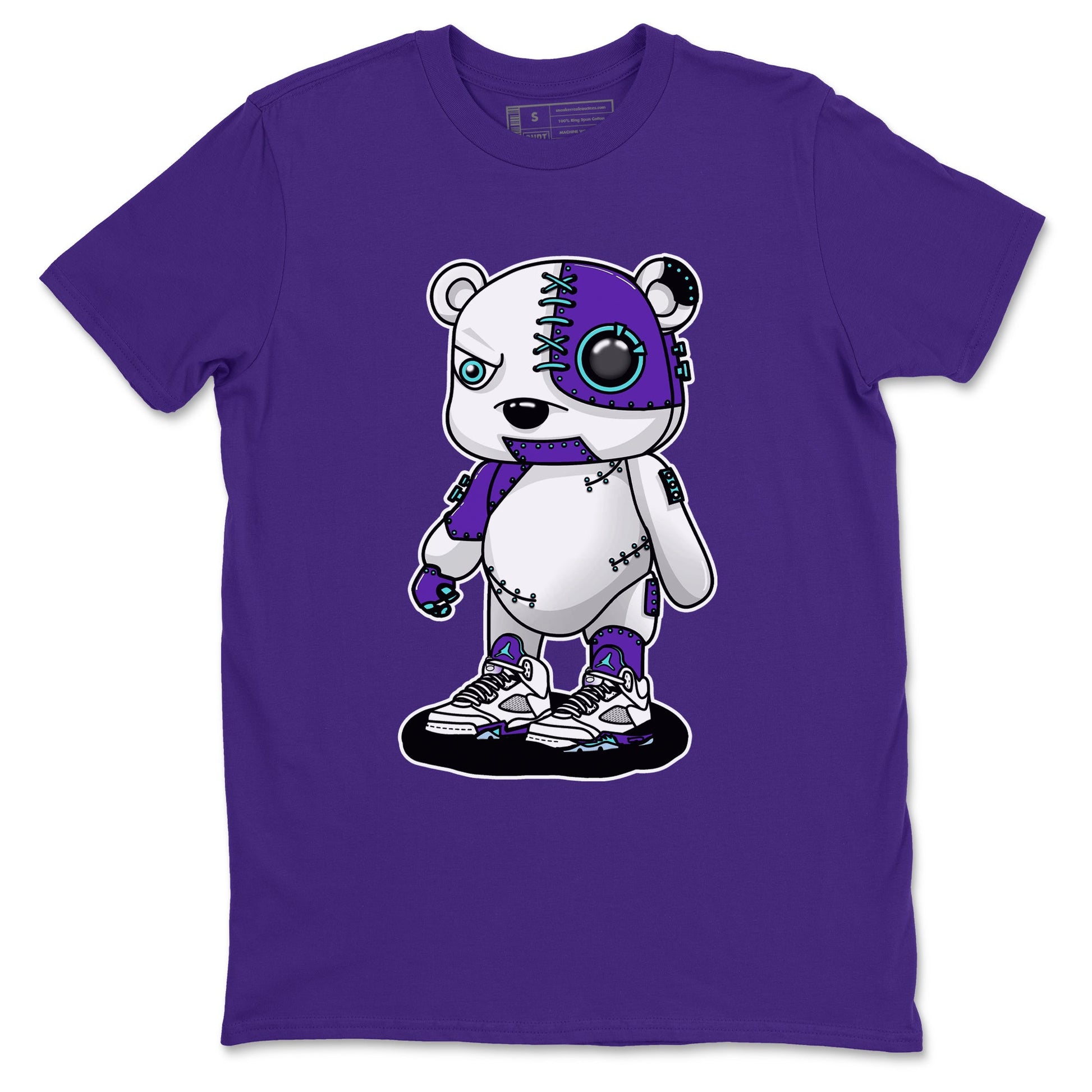 Cyborg Bear sneaker match t-shirt styled to complete your fit with the Air Jordan 5 Grape sneakers, shown in Purple 2.