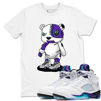 Cyborg Bear sneaker match t-shirt styled to complete your fit with the Air Jordan 5 Grape sneakers, shown in White 1.