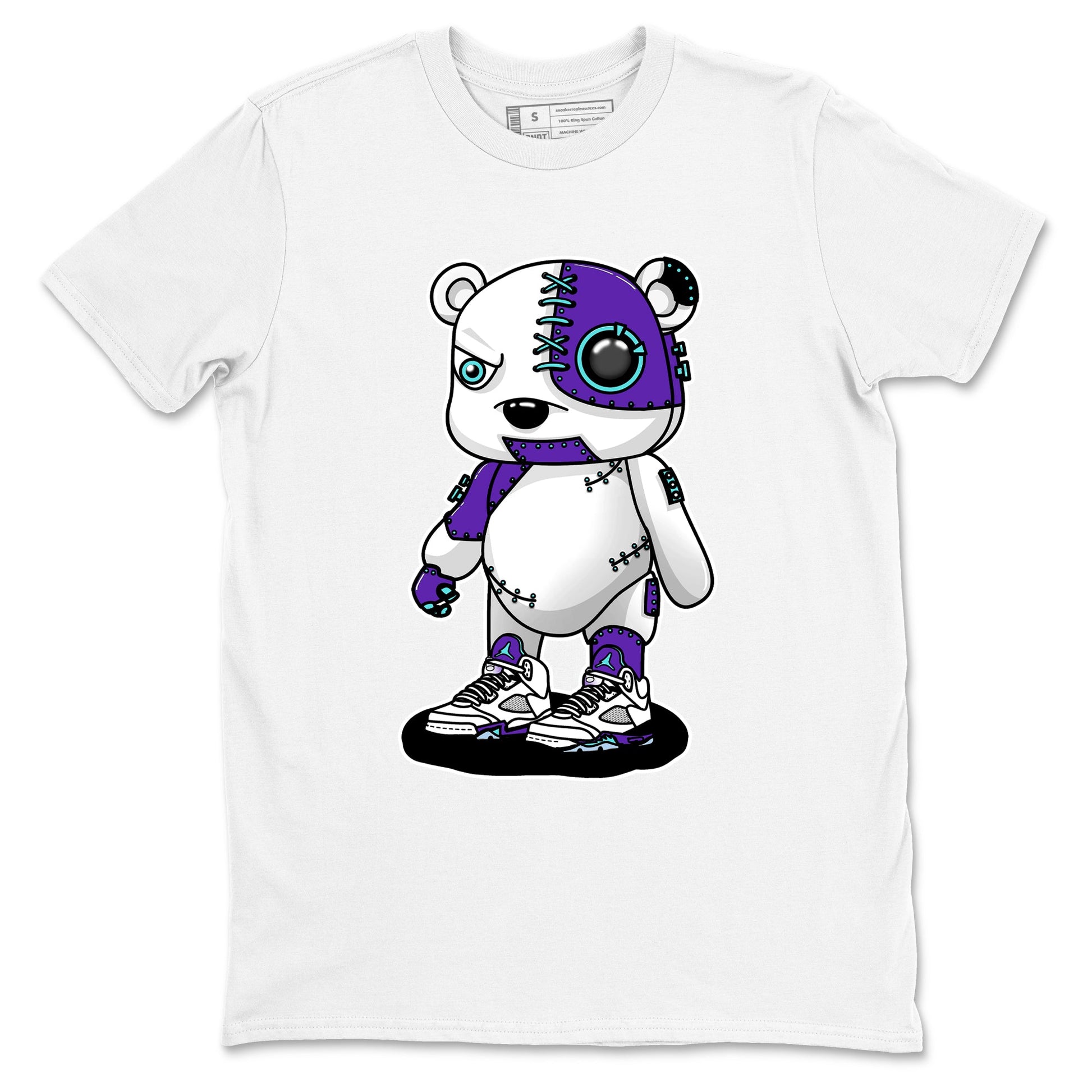 Cyborg Bear sneaker match t-shirt styled to complete your fit with the Air Jordan 5 Grape sneakers, shown in White 2.