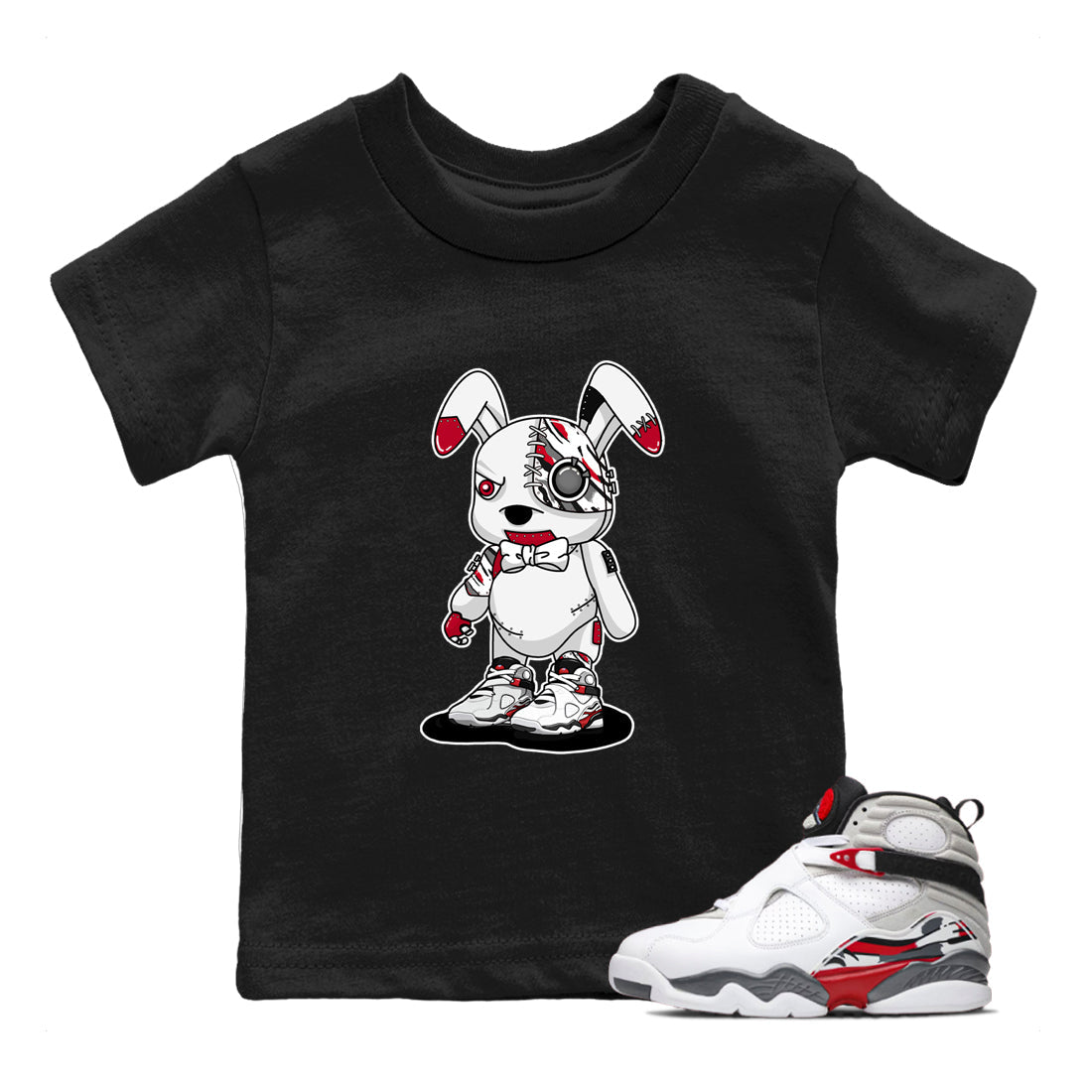 Sneaker match tees – Sneaker Tees To Match Air Jordan 8 Bunny Shoes Air Jordan 8 White and True Red – Cyborg Bunny Kids T-Shirt Black 1