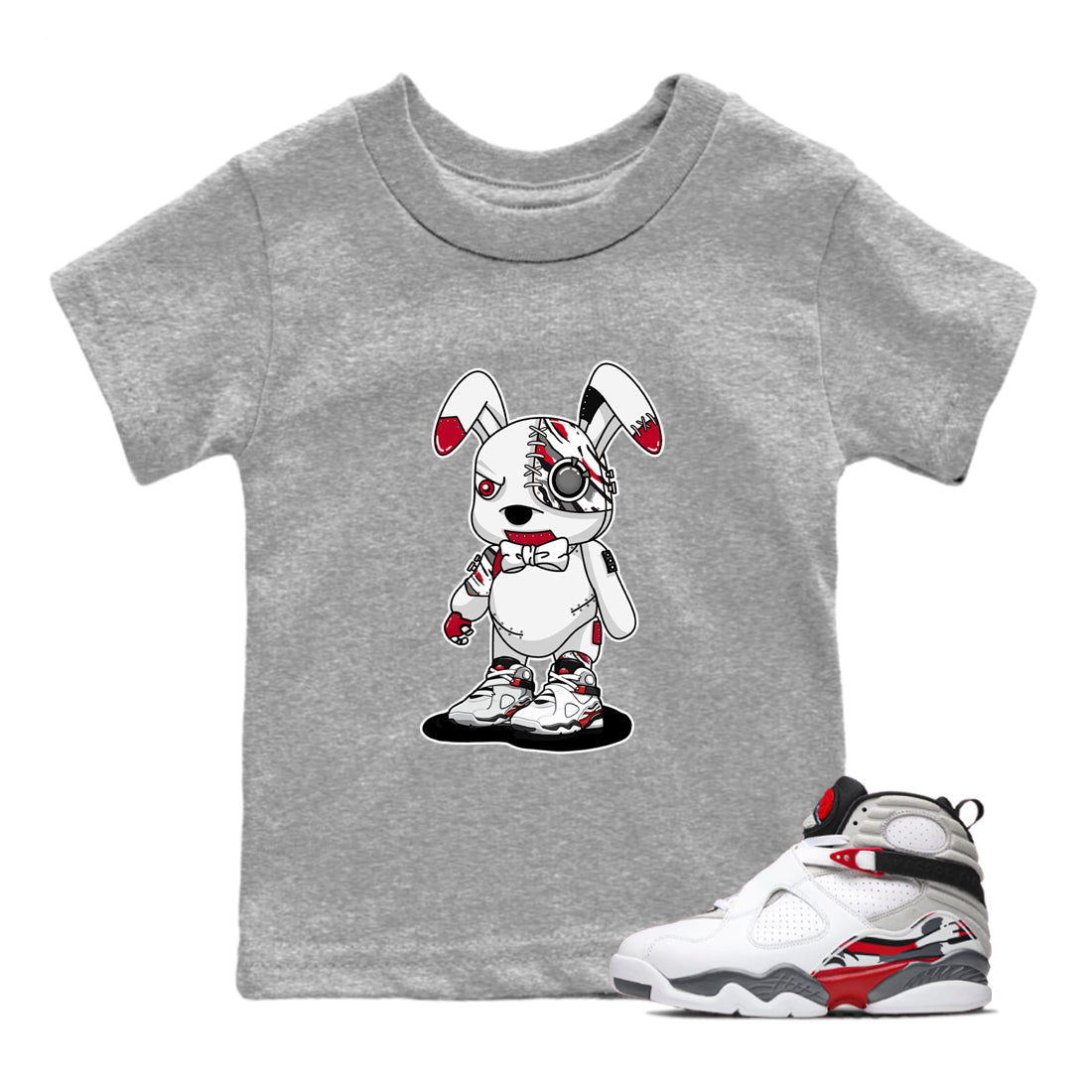 Sneaker match tees – Sneaker Tees To Match Air Jordan 8 Bunny Shoes Air Jordan 8 White and True Red – Cyborg Bunny Kids T-Shirt Heather Grey 1