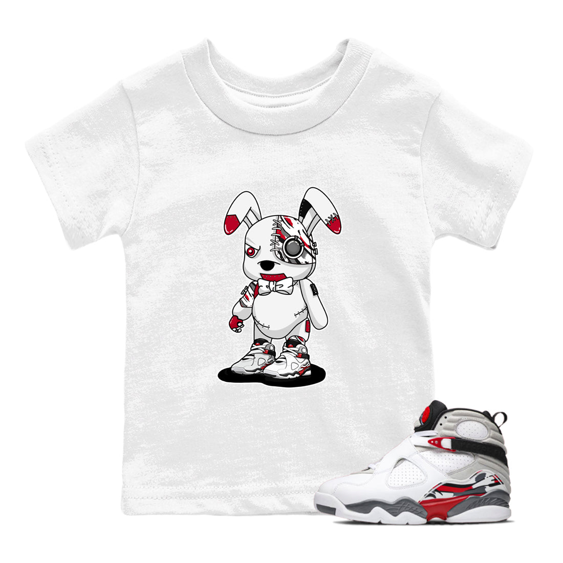 Sneaker match tees – Sneaker Tees To Match Air Jordan 8 Bunny Shoes Air Jordan 8 White and True Red – Cyborg Bunny Kids T-Shirt White 1