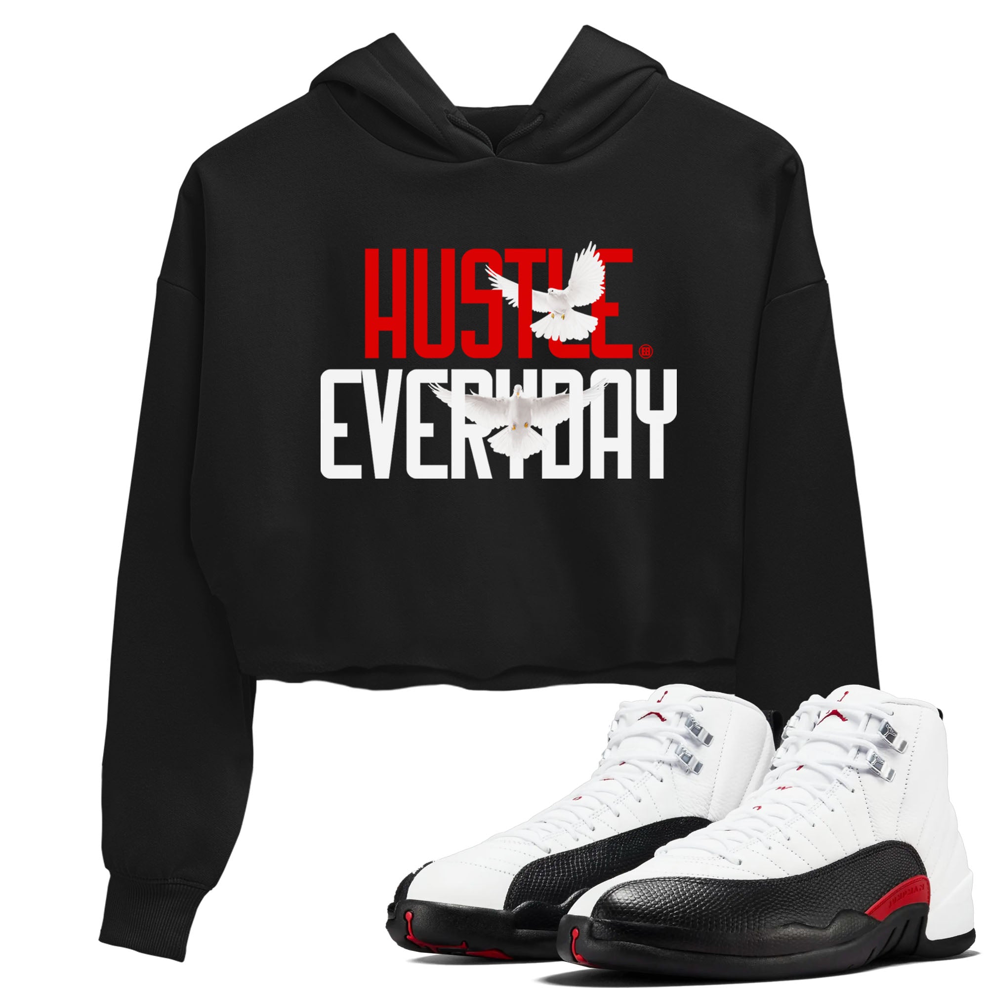 Air Jordan 12 Retro Taxi Flip shirts to match jordans Daily Hustle sneaker match tees 12s Red Taxi SNRT sneaker release Tees Black 1 crop length shirt
