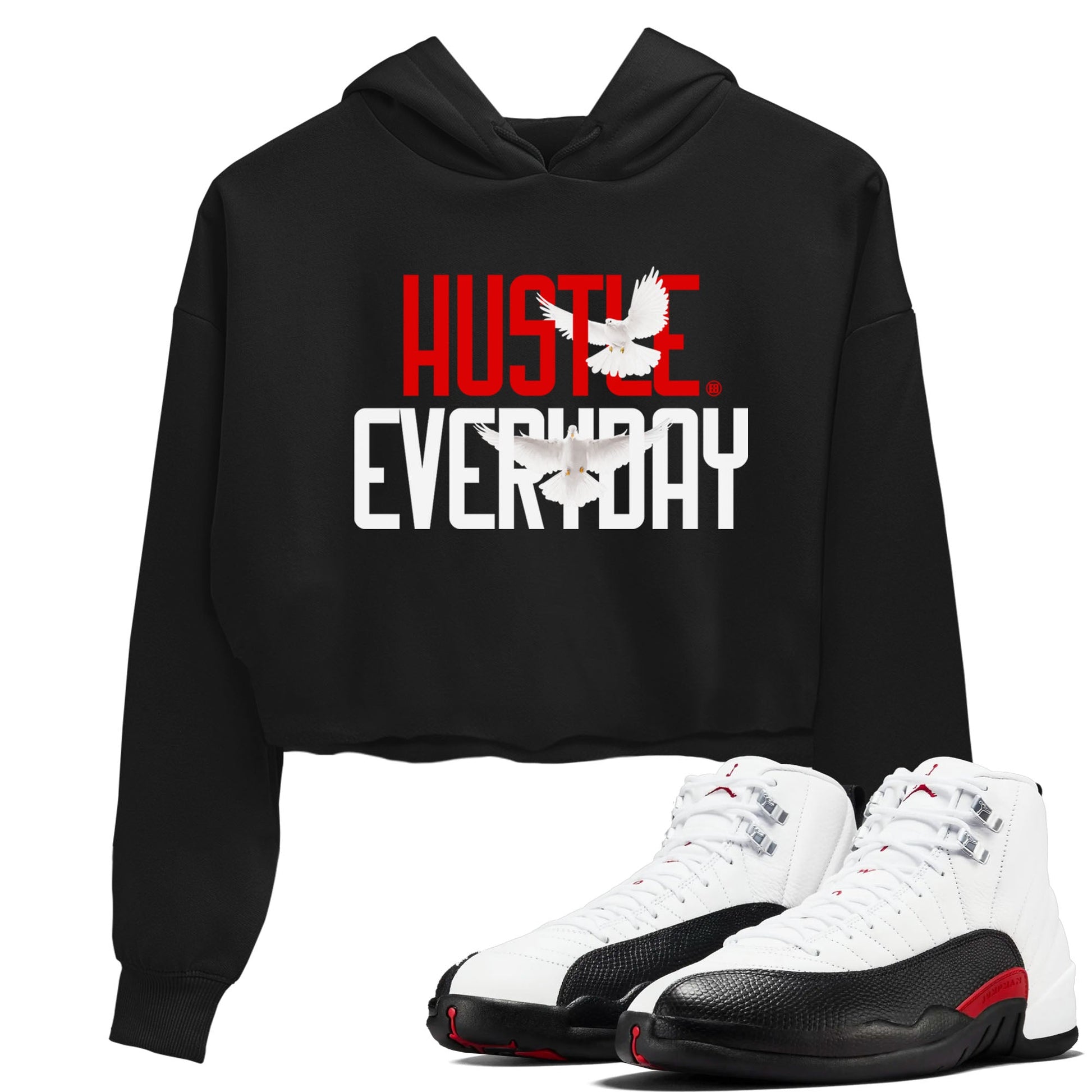 Air Jordan 12 Retro Taxi Flip shirts to match jordans Daily Hustle sneaker match tees 12s Red Taxi SNRT sneaker release Tees Black 1 crop length shirt