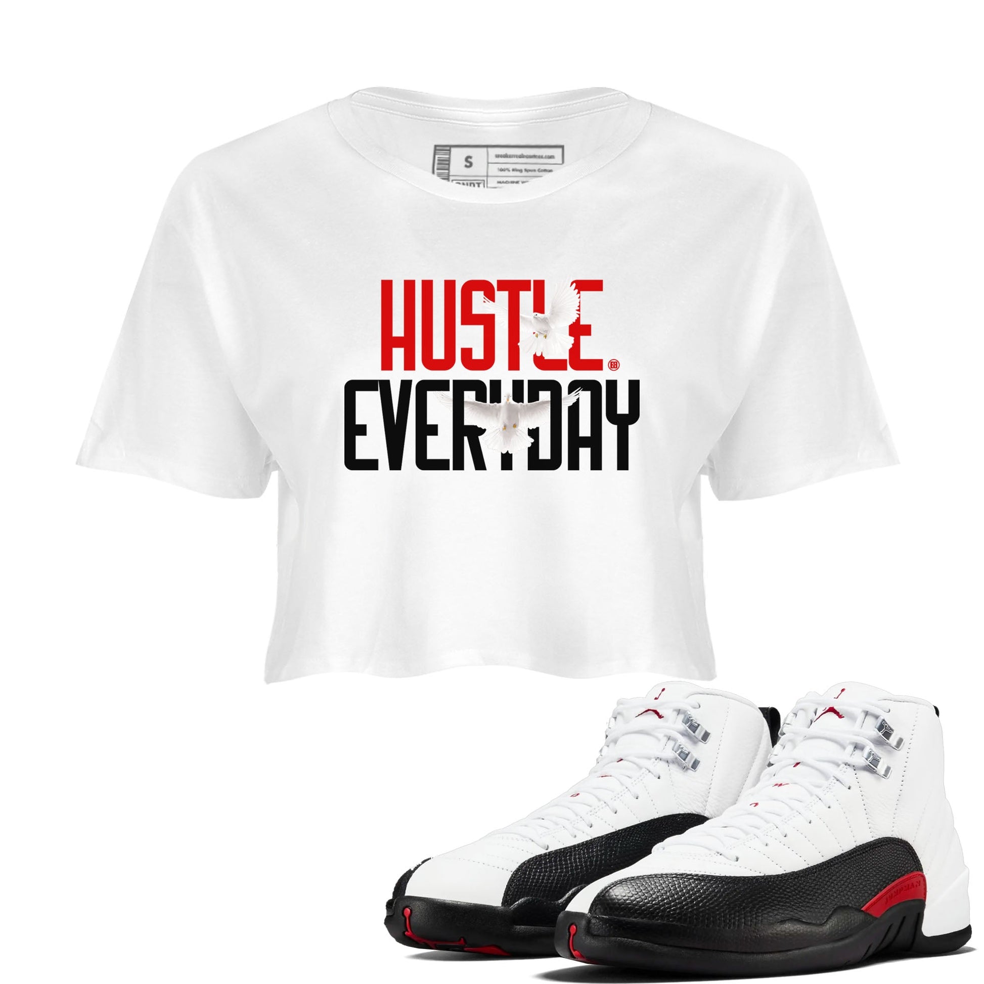Air Jordan 12 Retro Taxi Flip shirts to match jordans Daily Hustle sneaker match tees 12s Red Taxi SNRT sneaker release Tees White 1 crop length shirt