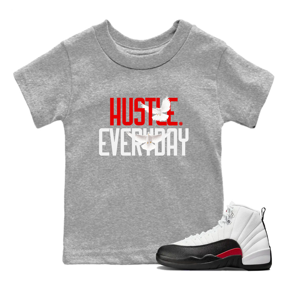 Air Jordan 12 Retro Taxi Flip shirts to match jordans Daily Hustle sneaker match tees 12s Red Taxi SNRT sneaker release tees baby toddler Heather Grey 1 cotton Shirt