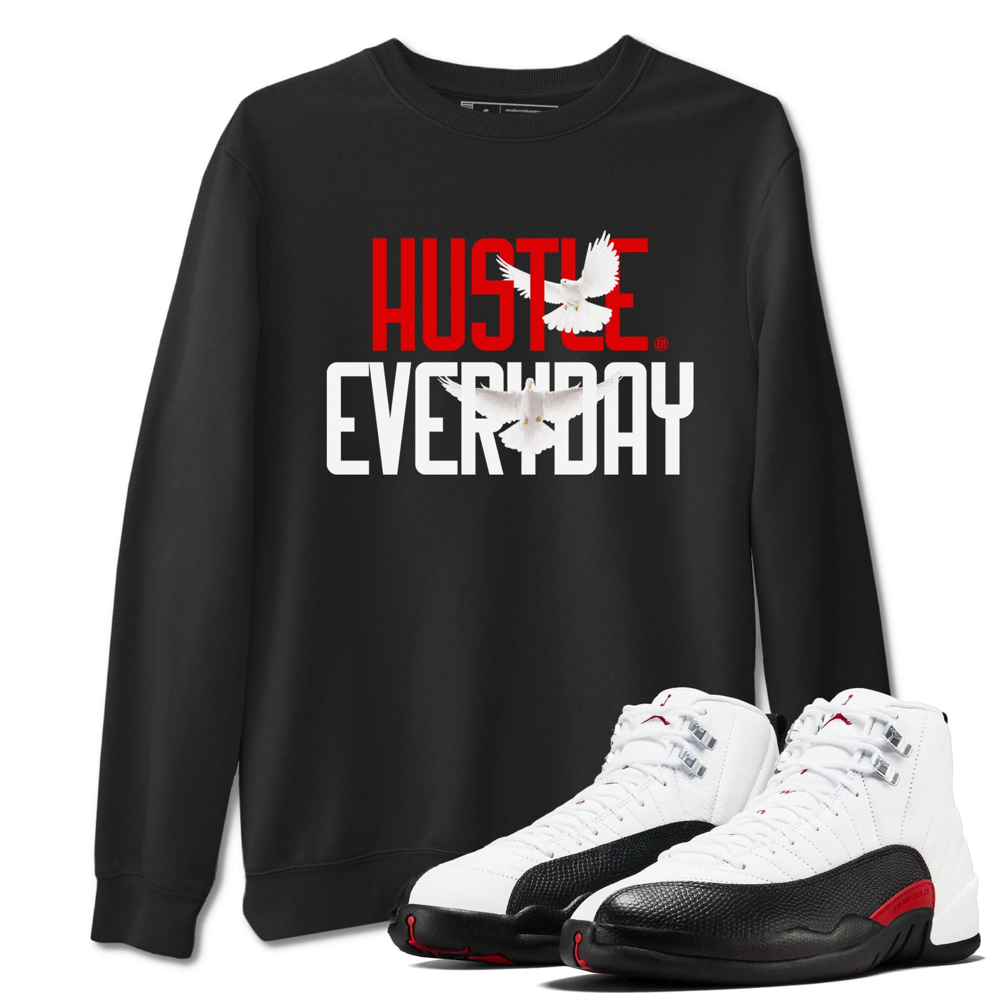 Air Jordan 12 Retro Taxi Flip shirts to match jordans Daily Hustle sneaker match tees 12s Red Taxi SNRT sneaker release Tees unisex cotton Black 1 crew neck shirt