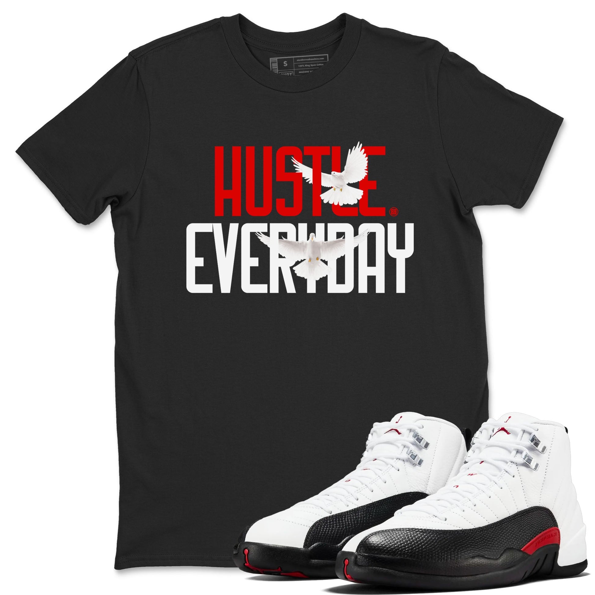 Air Jordan 12 Retro Taxi Flip shirts to match jordans Daily Hustle sneaker match tees 12s Red Taxi SNRT sneaker release Tees unisex cotton Black 1 crew neck shirt