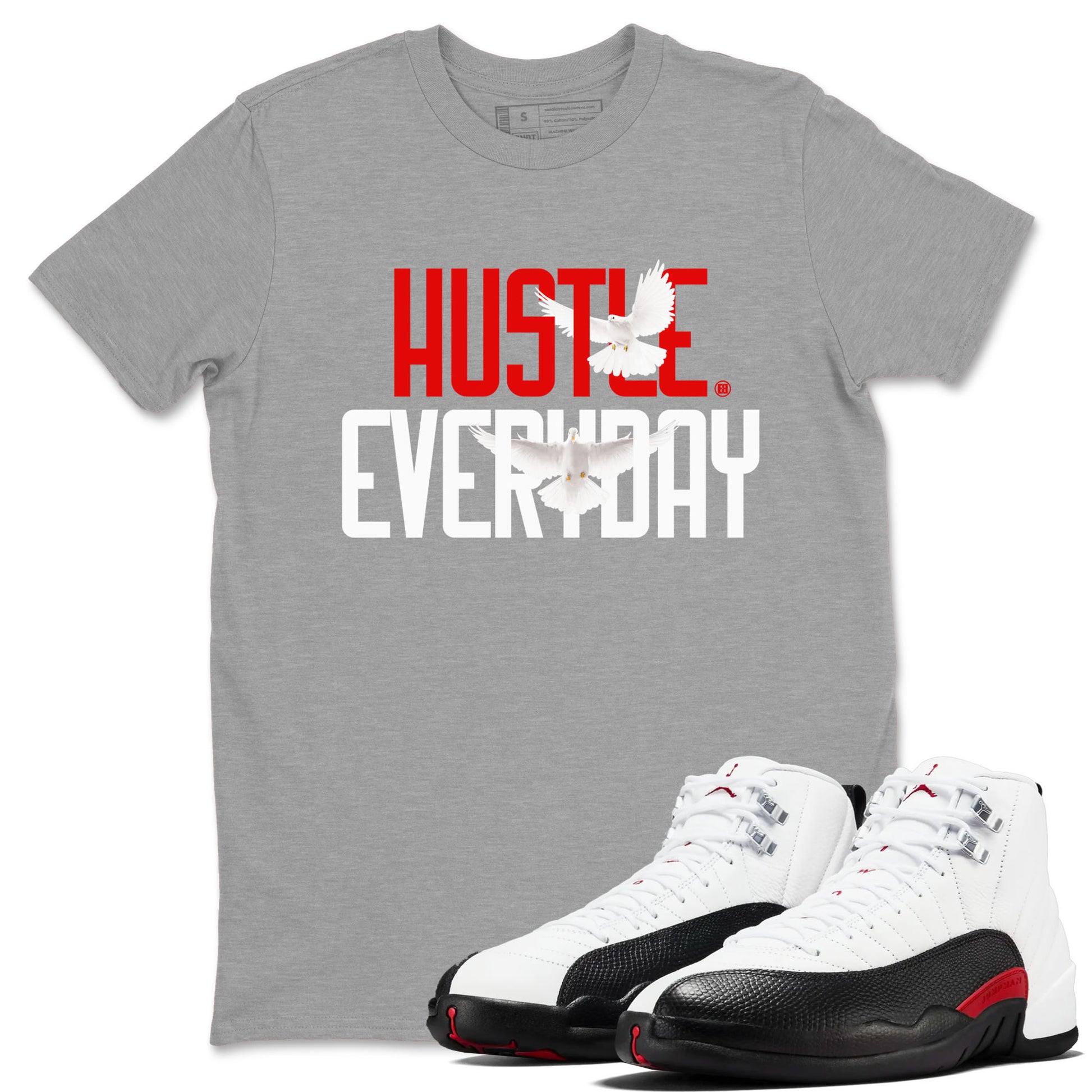 Air Jordan 12 Retro Taxi Flip shirts to match jordans Daily Hustle sneaker match tees 12s Red Taxi SNRT sneaker release Tees unisex cotton Heather Grey 1 crew neck shirt