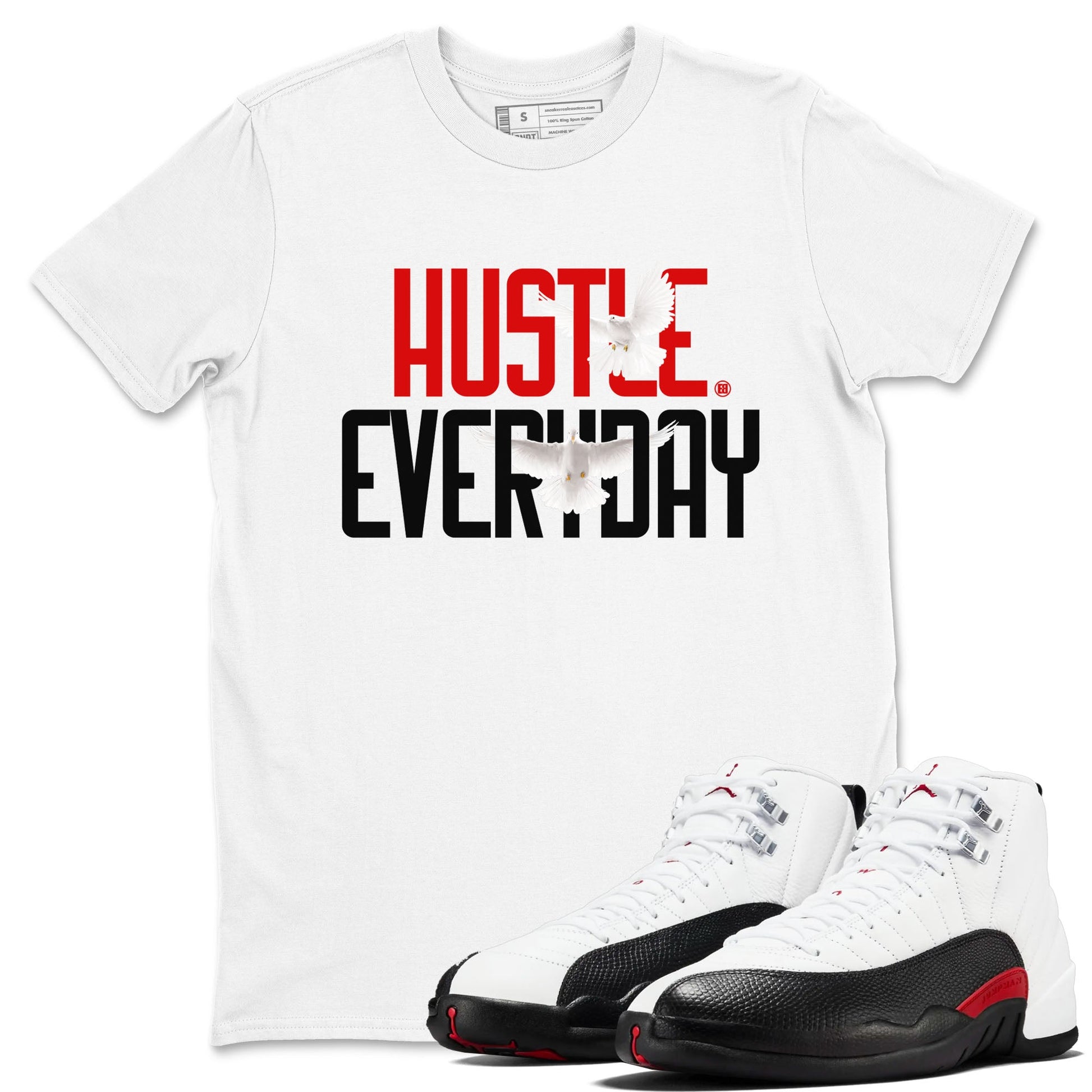 Air Jordan 12 Retro Taxi Flip shirts to match jordans Daily Hustle sneaker match tees 12s Red Taxi SNRT sneaker release Tees unisex cotton White 1 crew neck shirt