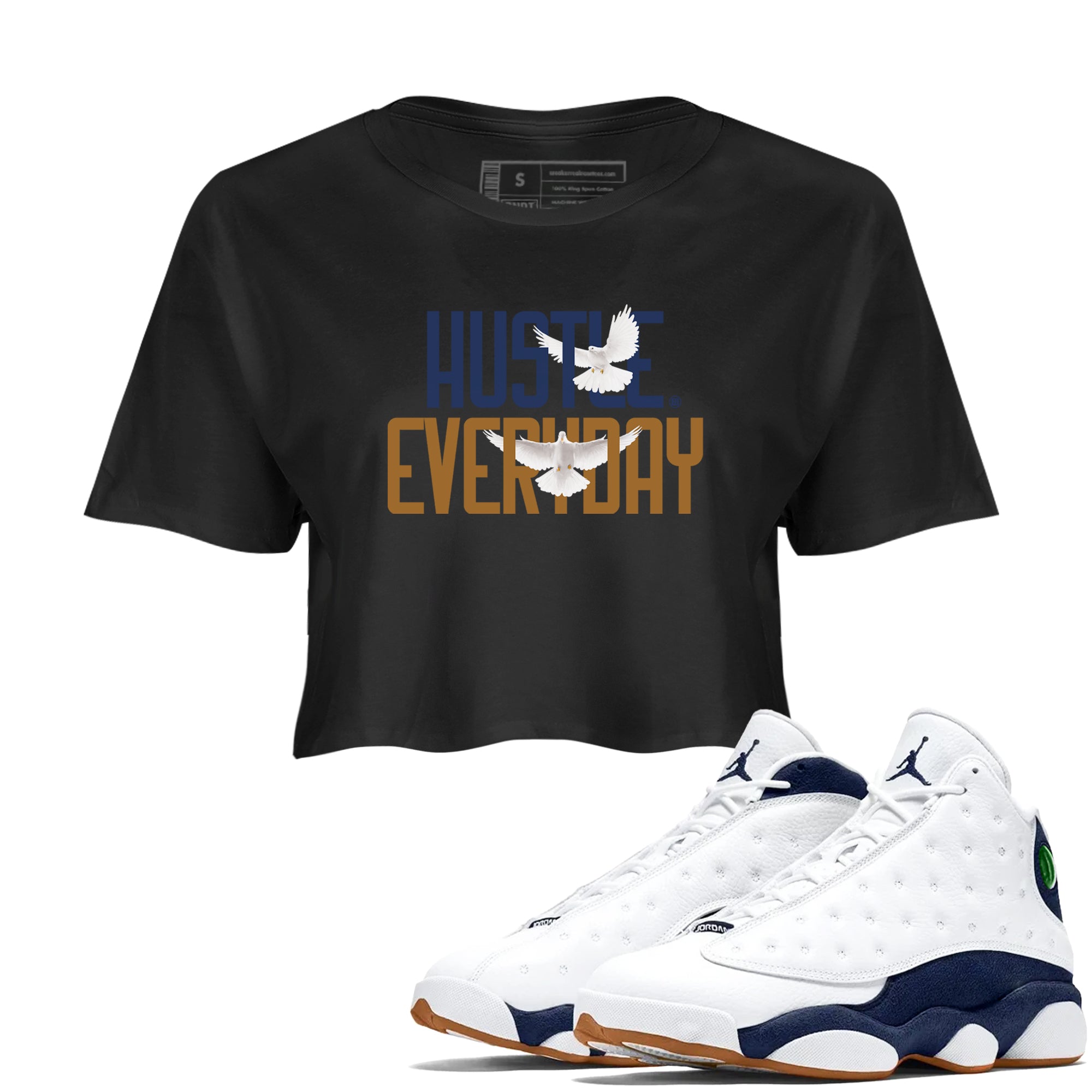13s Midnight Navy shirts to match jordans Daily Hustle sneaker match tees Air Jordan 13 Midnight Navy SNRT Sneaker Release Tees unisex cotton Black 1 Crop Shirts