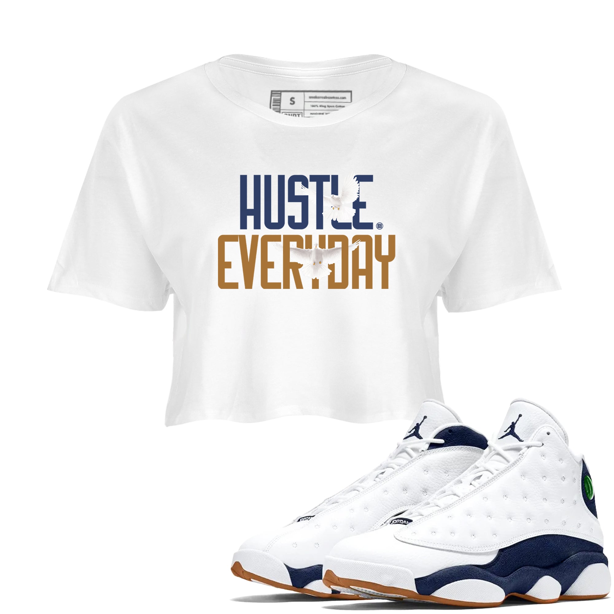 13s Midnight Navy shirts to match jordans Daily Hustle sneaker match tees Air Jordan 13 Midnight Navy SNRT Sneaker Release Tees unisex cotton White 1 Crop Shirts