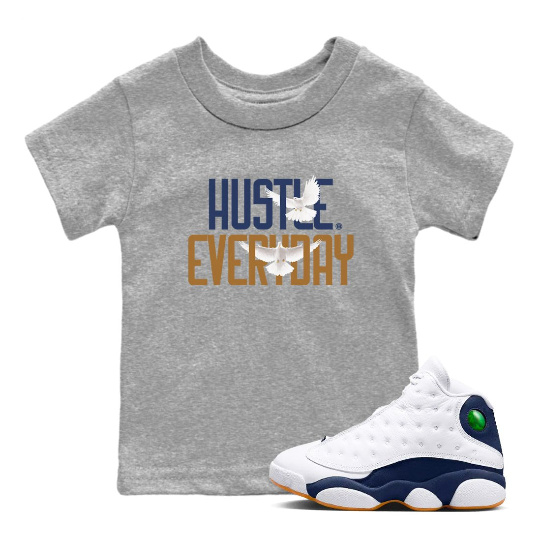 13s Midnight Navy shirts to match jordans Daily Hustle sneaker match tees Air Jordan 13 Midnight Navy SNRT Sneaker Release Tees Youth Baby Heather Grey 1 crew neck shirts