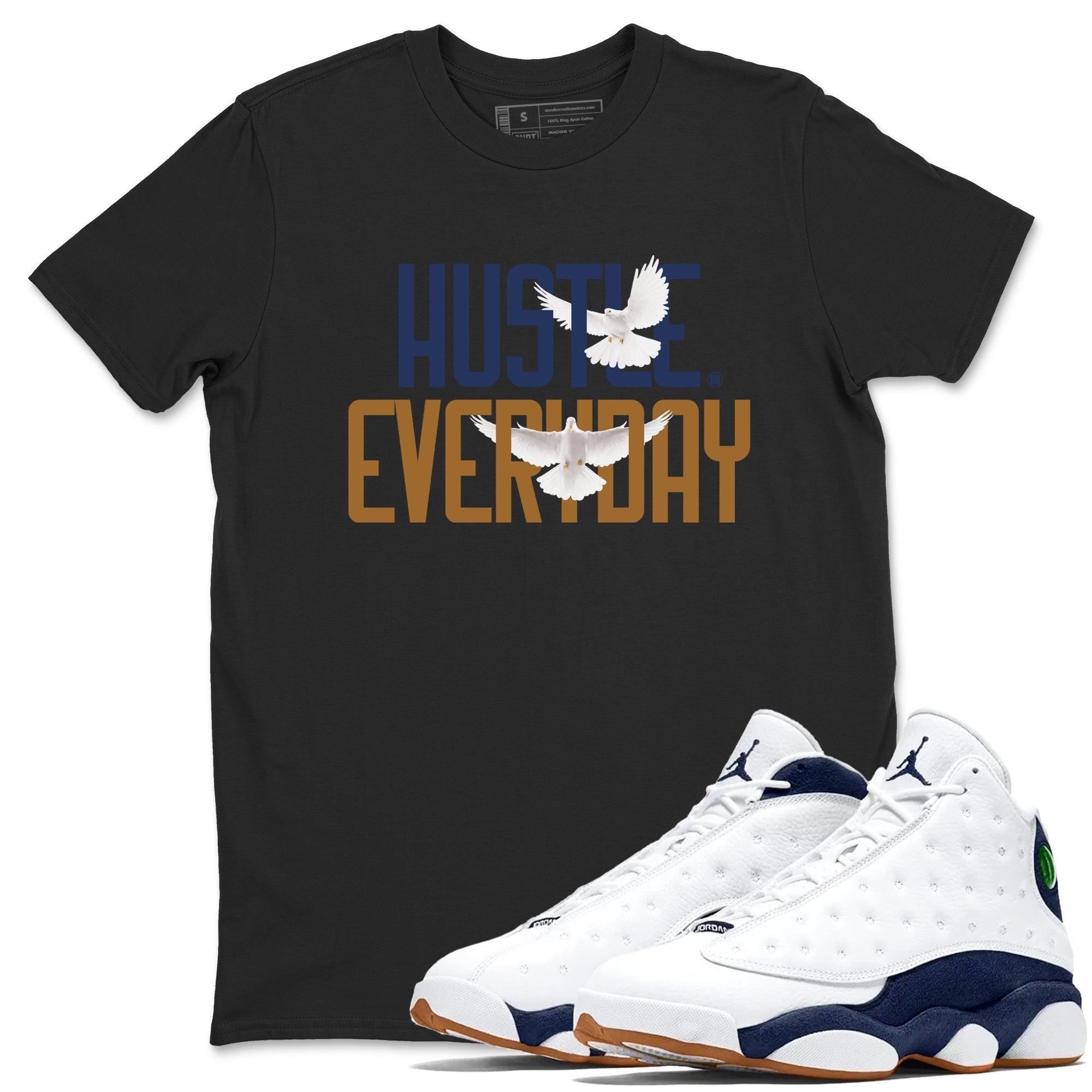 13s Midnight Navy shirts to match jordans Daily Hustle sneaker match tees Air Jordan 13 Midnight Navy SNRT Sneaker Release Tees unisex cotton Black 1 crew neck shirts