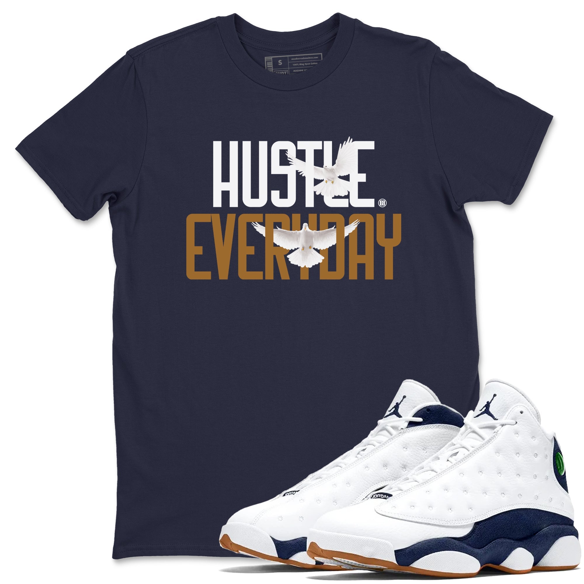 13s Midnight Navy shirts to match jordans Daily Hustle sneaker match tees Air Jordan 13 Midnight Navy SNRT Sneaker Release Tees unisex cotton Navy 1 crew neck shirts