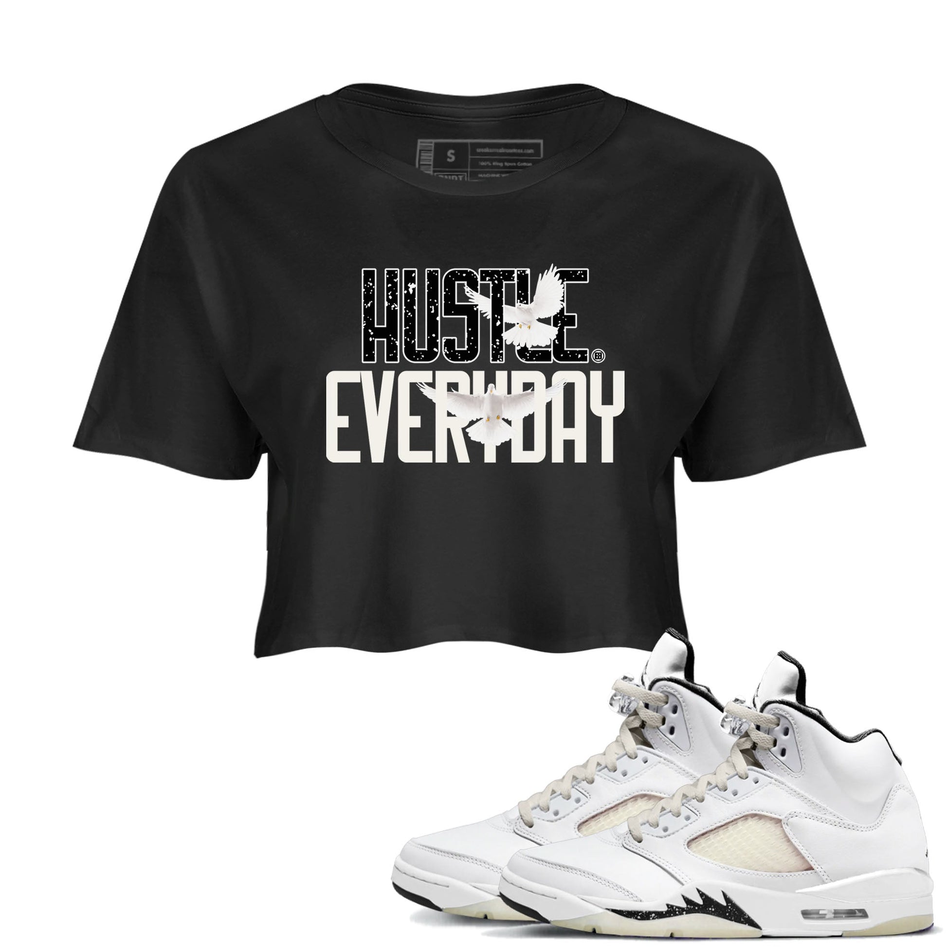 AJ5 Sail shirt to match jordans Daily Hustle sneaker tees Air Jordan 5 Sail SNRT Sneaker Release Tees Black 1 crop length shirt