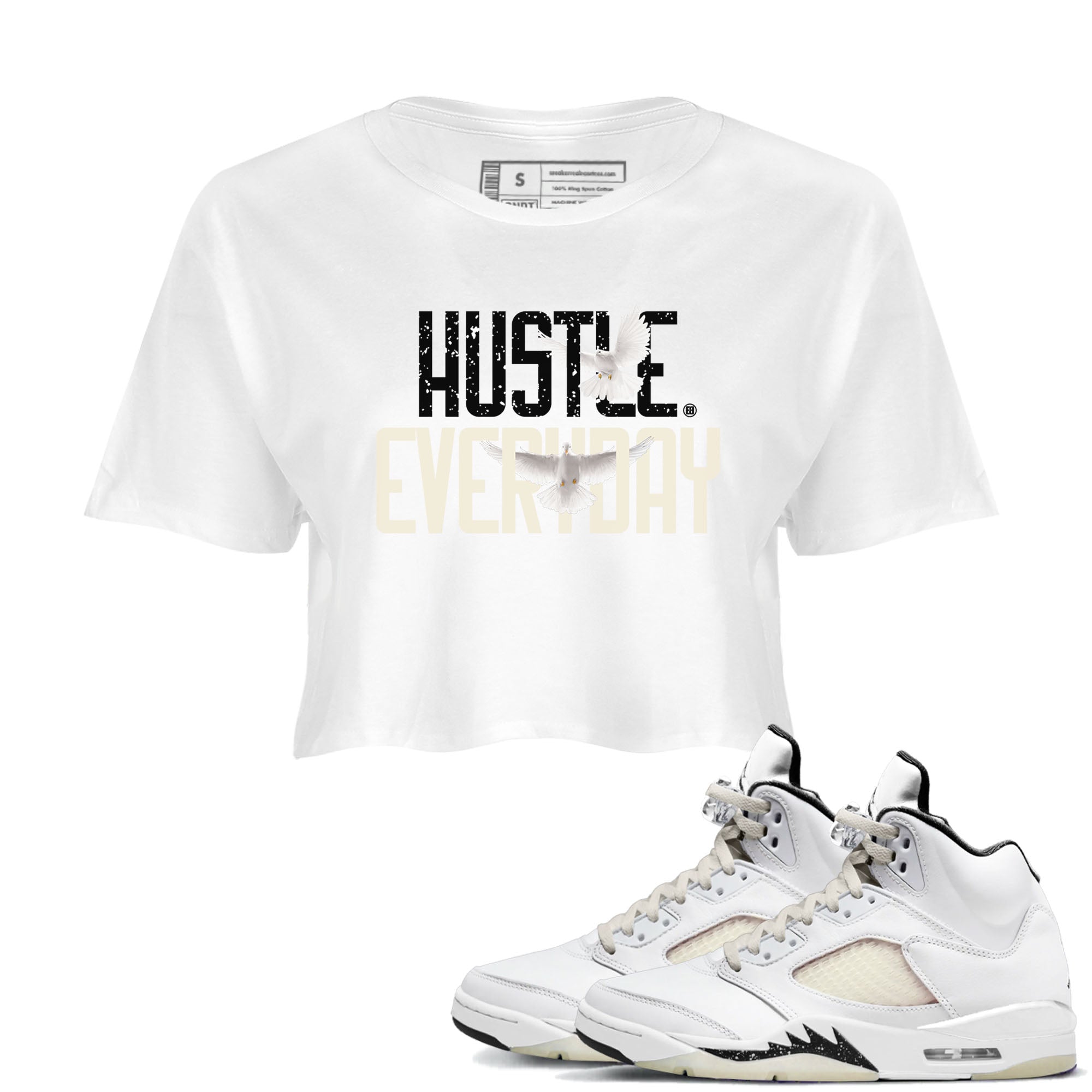 AJ5 Sail shirt to match jordans Daily Hustle sneaker tees Air Jordan 5 Sail SNRT Sneaker Release Tees White 1 crop length shirt