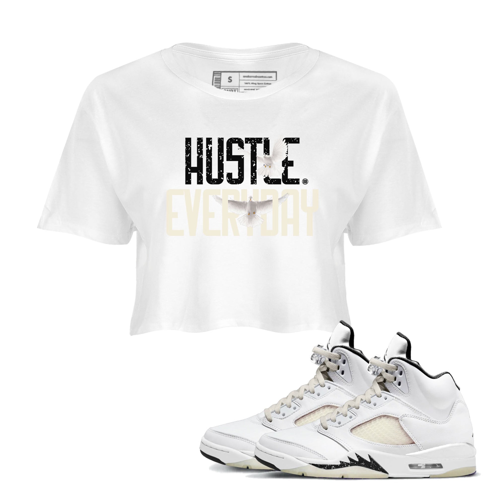 AJ5 Sail shirt to match jordans Daily Hustle sneaker tees Air Jordan 5 Sail SNRT Sneaker Release Tees White 1 crop length shirt