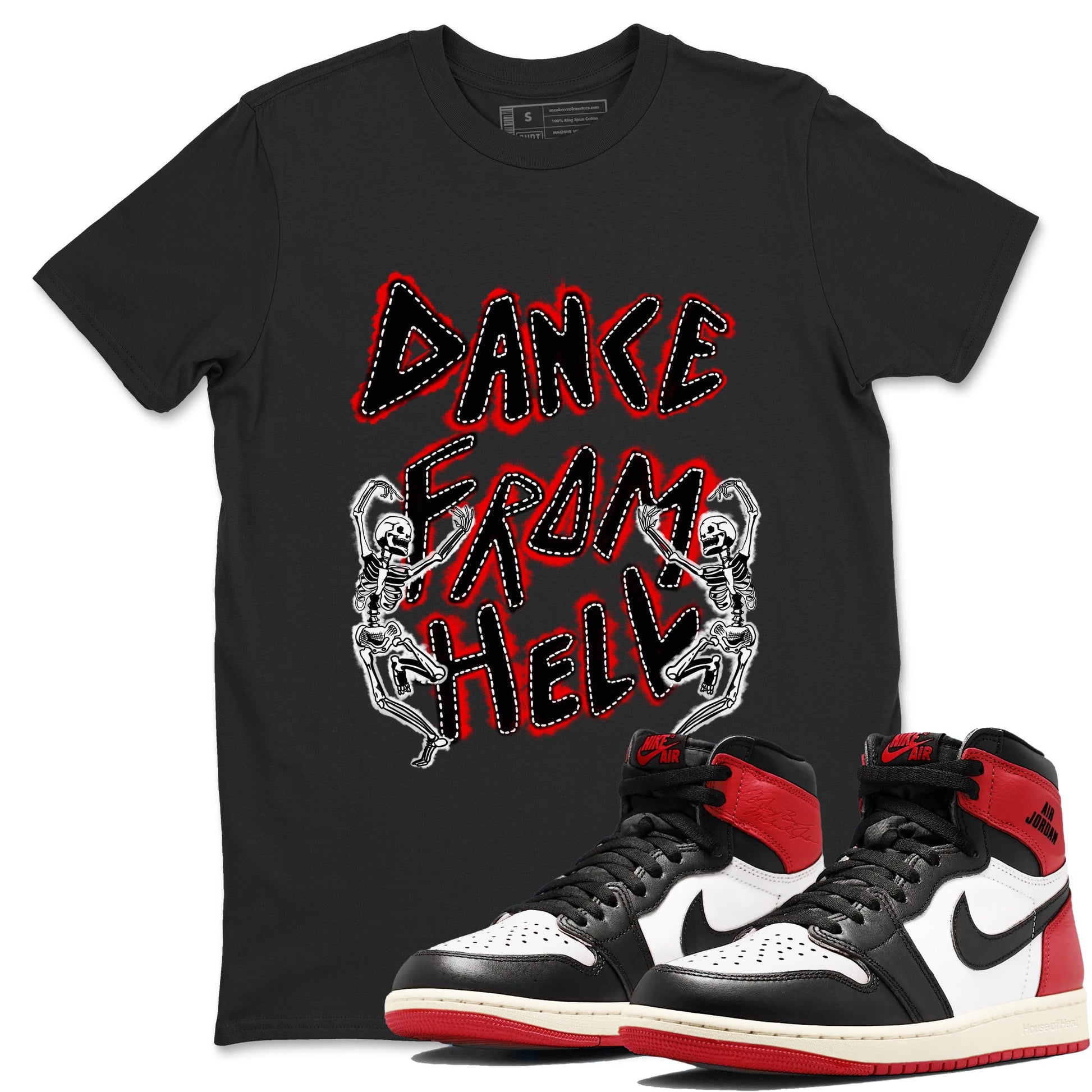 1s Black Toe Reimagined shirts to match jordans Dance From Hell unique Halloween sneaker tee Air Jordan 1 Black Toe Reimagined match shoes to clothes SNRT Sneaker Tees unisex cotton Black 1 shirts