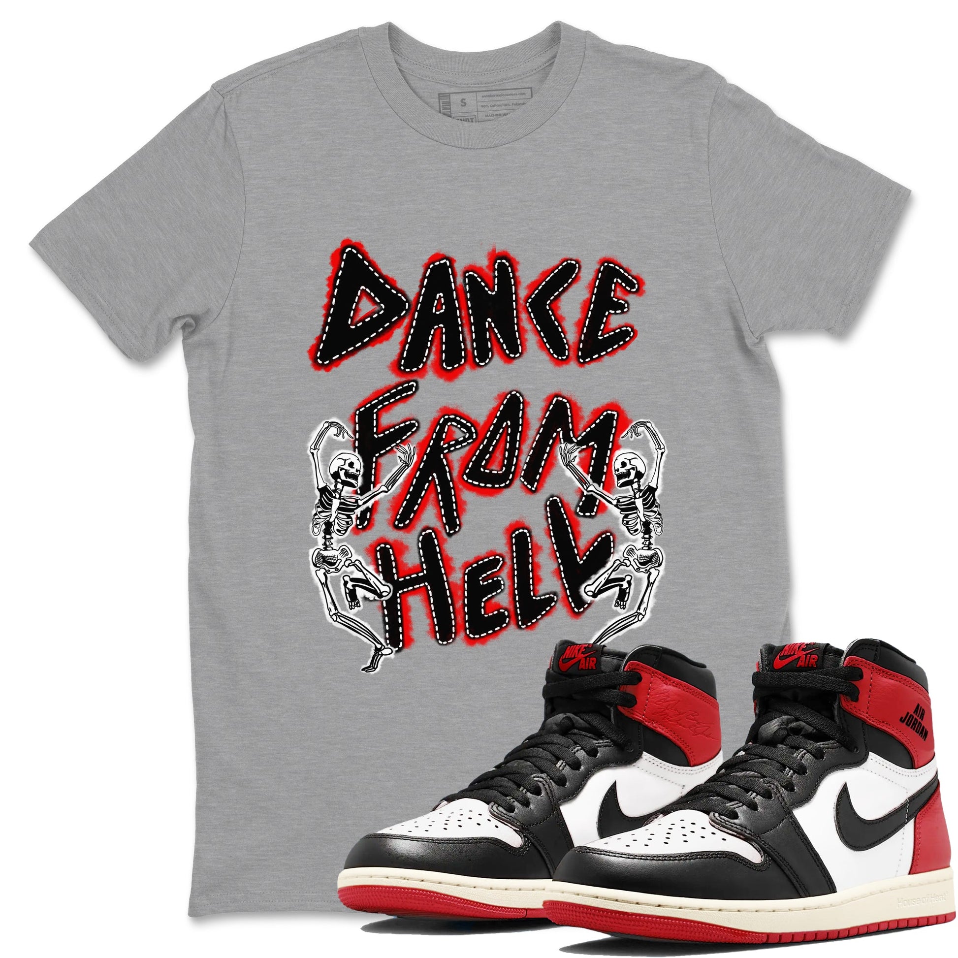 1s Black Toe Reimagined shirts to match jordans Dance From Hell unique Halloween sneaker tee Air Jordan 1 Black Toe Reimagined match shoes to clothes SNRT Sneaker Tees unisex cotton Heather Grey 1 shirts