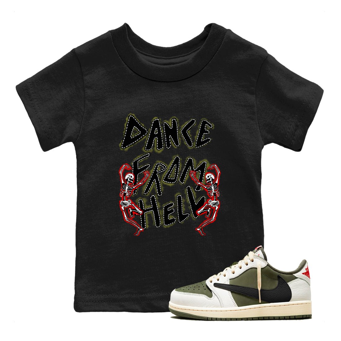 1s Travis Scott Medium Olive shirts to match jordans Dance From Hell unique Halloween sneaker tee Air Jordan 1 Travis Scott Medium Olive match shoes to clothes SNRT Sneaker Tees Youth Baby Black 1 tee
