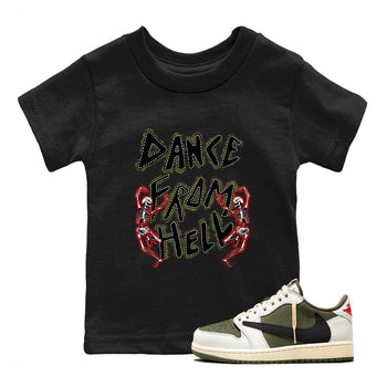 1s Travis Scott Medium Olive shirts to match jordans Dance From Hell unique Halloween sneaker tee Air Jordan 1 Travis Scott Medium Olive match shoes to clothes SNRT Sneaker Tees Youth Baby Black 1 tee