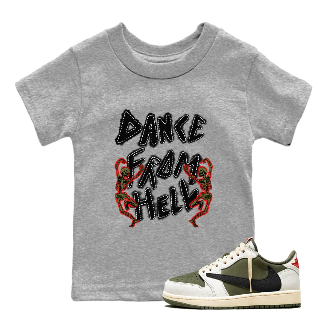1s Travis Scott Medium Olive shirts to match jordans Dance From Hell unique Halloween sneaker tee Air Jordan 1 Travis Scott Medium Olive match shoes to clothes SNRT Sneaker Tees Youth Baby Heather Grey 1 tee