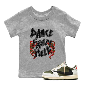 1s Travis Scott Medium Olive shirts to match jordans Dance From Hell unique Halloween sneaker tee Air Jordan 1 Travis Scott Medium Olive match shoes to clothes SNRT Sneaker Tees Youth Baby Heather Grey 1 tee