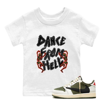 1s Travis Scott Medium Olive shirts to match jordans Dance From Hell unique Halloween sneaker tee Air Jordan 1 Travis Scott Medium Olive match shoes to clothes SNRT Sneaker Tees Youth Baby White 1 tee