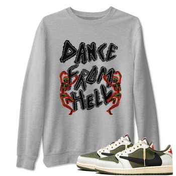 1s Travis Scott Medium Olive shirts to match jordans Dance From Hell unique Halloween sneaker tee Air Jordan 1 Travis Scott Medium Olive match shoes to clothes SNRT Sneaker Tees unisex cotton Heather Grey 1 shirts
