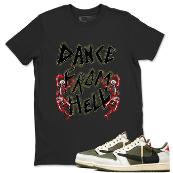 1s Travis Scott Medium Olive shirts to match jordans Dance From Hell unique Halloween sneaker tee Air Jordan 1 Travis Scott Medium Olive match shoes to clothes SNRT Sneaker Tees unisex cotton Black 1 shirts