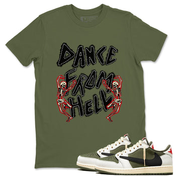 1s Travis Scott Medium Olive shirts to match jordans Dance From Hell unique Halloween sneaker tee Air Jordan 1 Travis Scott Medium Olive match shoes to clothes SNRT Sneaker Tees unisex cotton Military Green 1 shirts