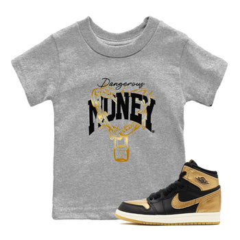Air Jordan 1 High OG Black Metallic Gold shirts to match jordans Dangerous Money sneaker match tees Jordan 1 Black Metallic Gold SNRT Sneaker Tees streetwear brand Baby and Youth Heather Grey 1 cotton tee