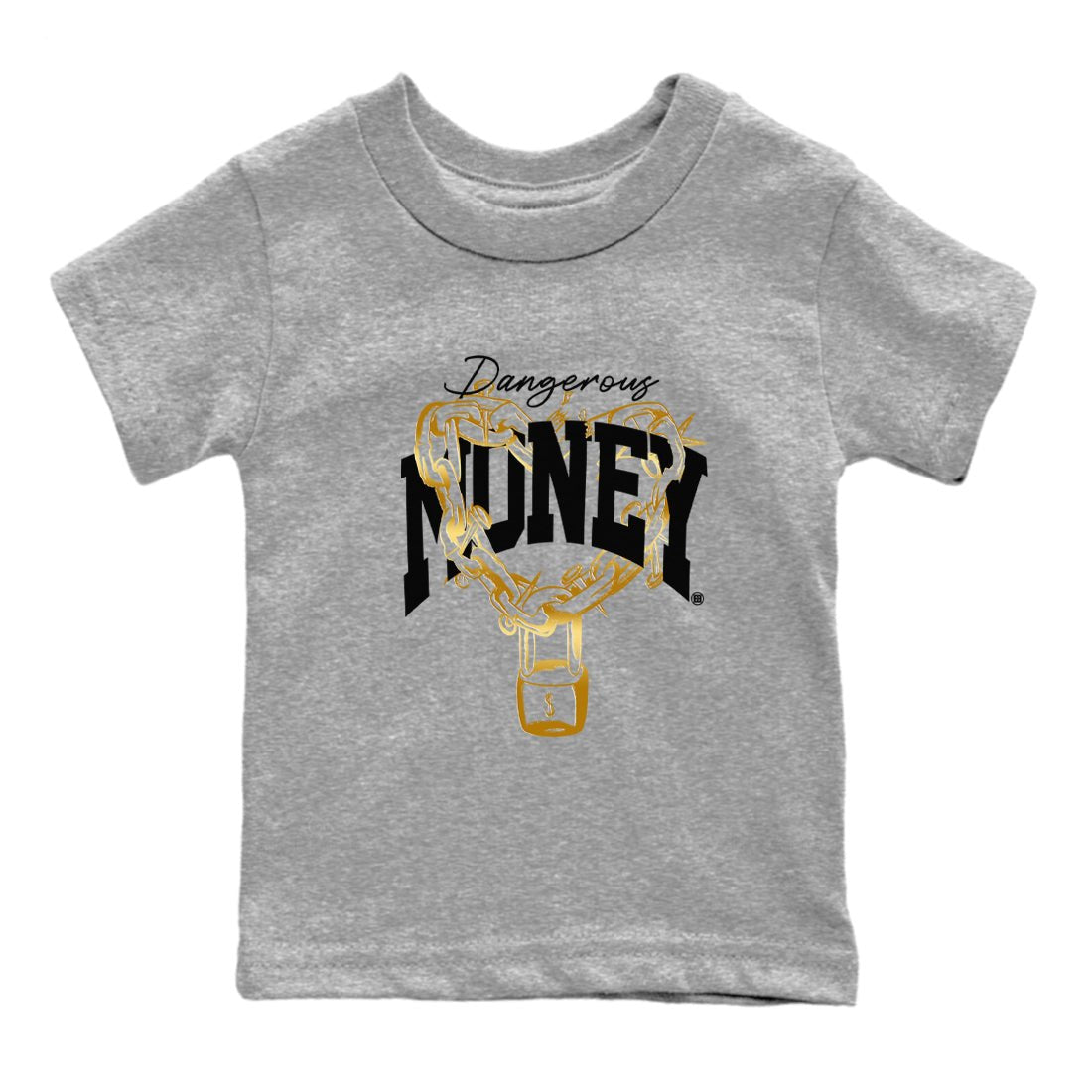 Air Jordan 1 High OG Black Metallic Gold shirts to match jordans Dangerous Money sneaker match tees Jordan 1 Black Metallic Gold SNRT Sneaker Tees streetwear brand Baby and Youth Heather Grey 2 cotton tee