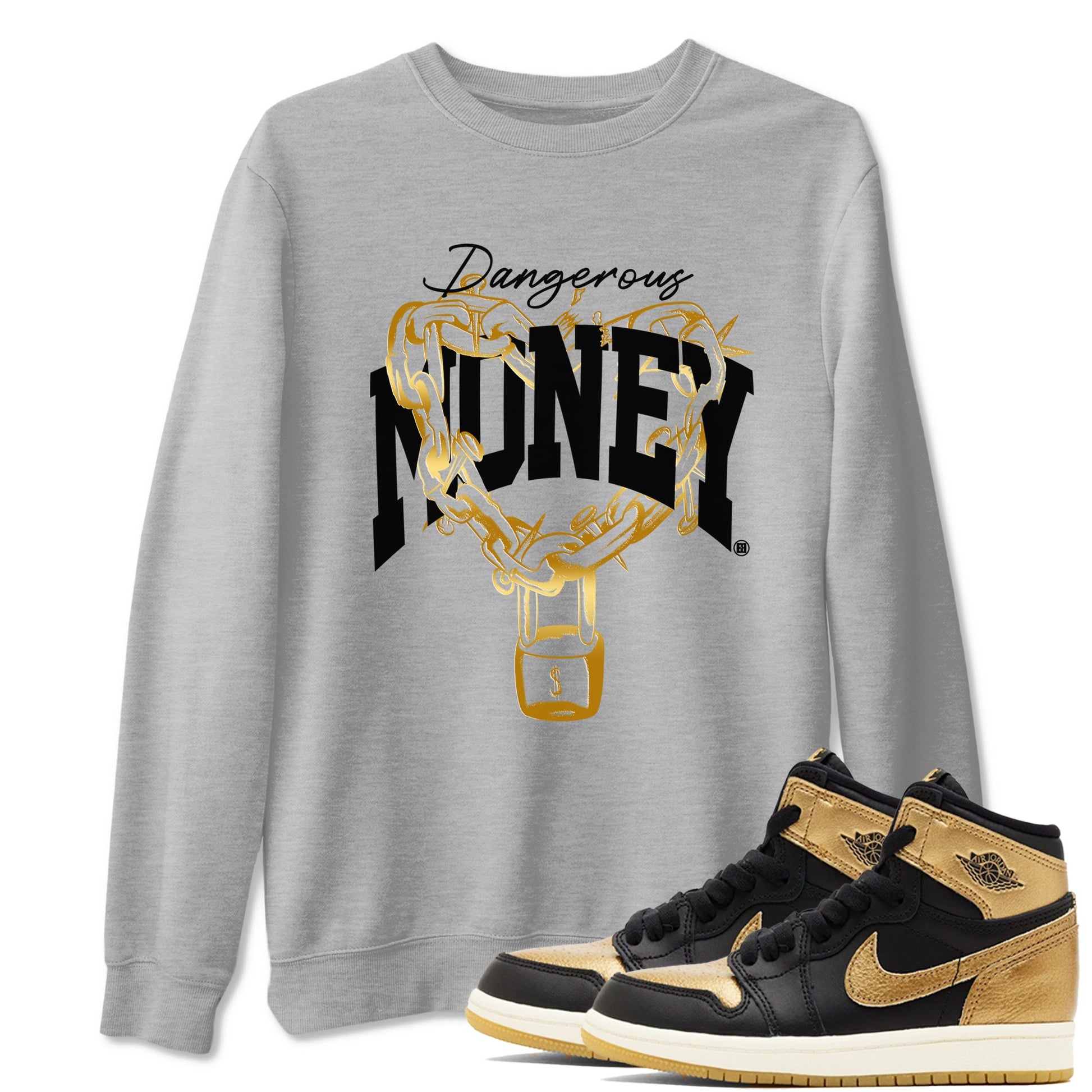 Air Jordan 1 High OG Black Metallic Gold shirts to match jordans Dangerous Money sneaker match tees Jordan 1 Black Metallic Gold SNRT Sneaker Tees streetwear brand Heather Grey 1 unisex cotton tee