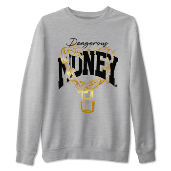Air Jordan 1 High OG Black Metallic Gold shirts to match jordans Dangerous Money sneaker match tees Jordan 1 Black Metallic Gold SNRT Sneaker Tees streetwear brand Heather Grey 2 unisex cotton tee