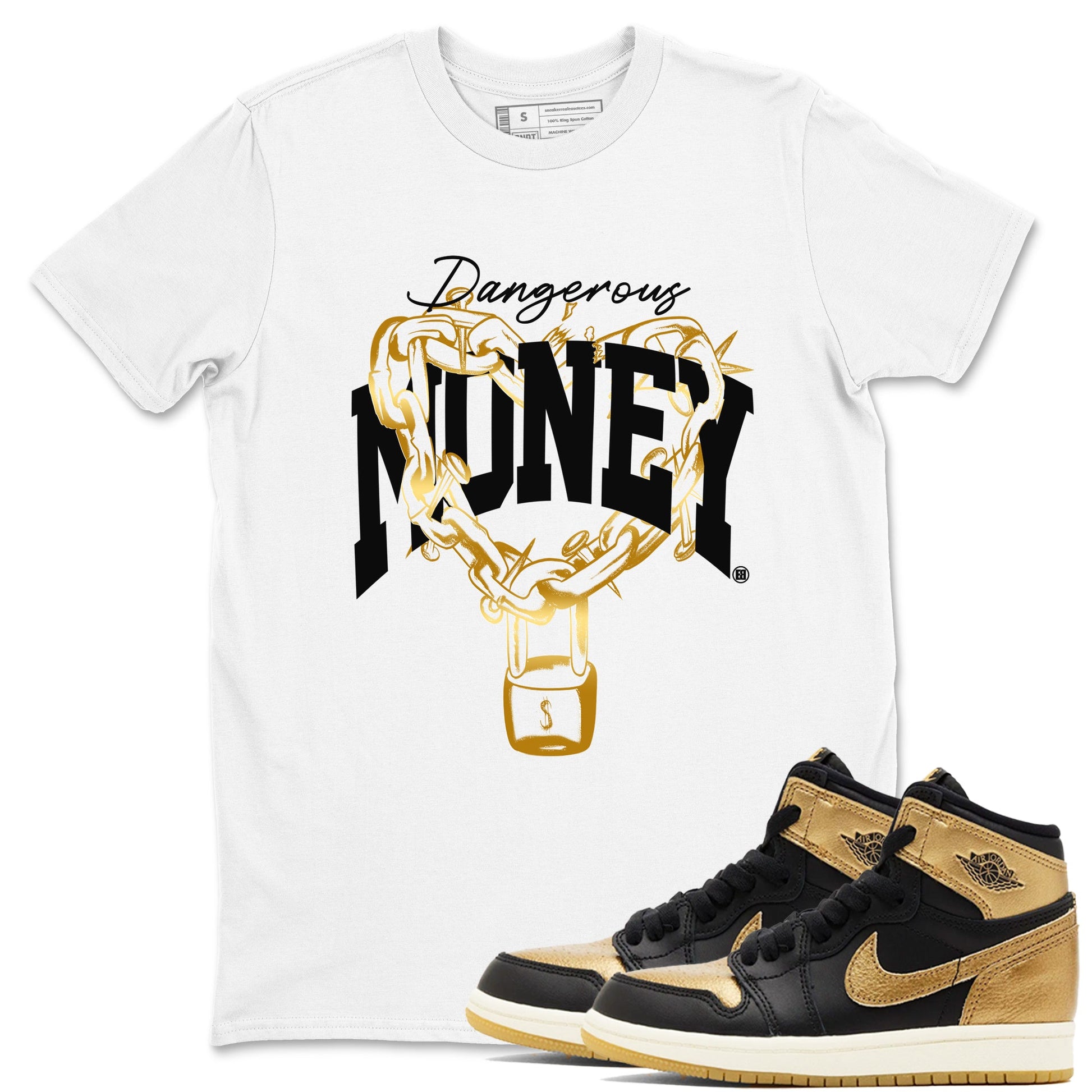 Air Jordan 1 High OG Black Metallic Gold shirts to match jordans Dangerous Money sneaker match tees Jordan 1 Black Metallic Gold SNRT Sneaker Tees streetwear brand White 1 unisex cotton tee