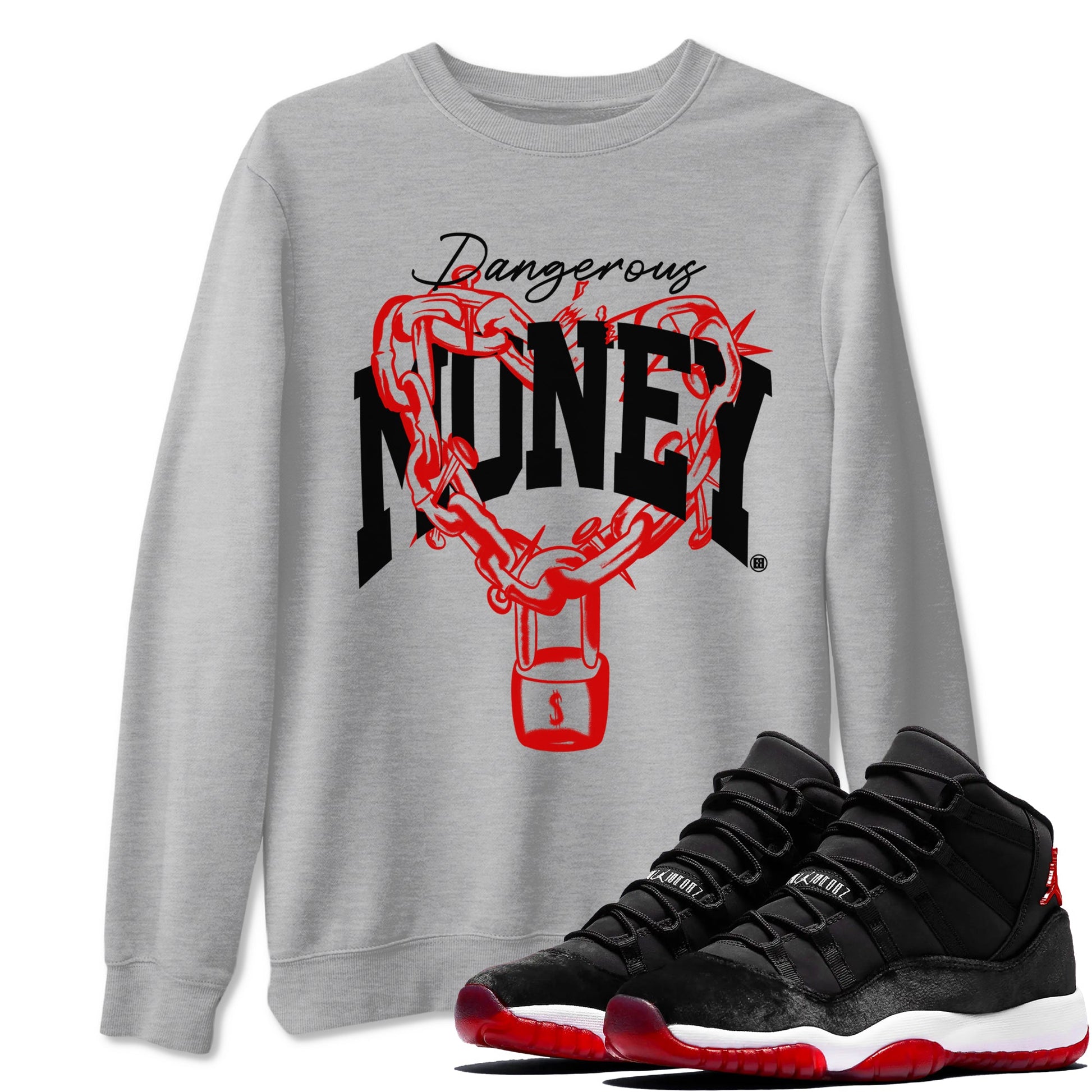 11s Bred Velvet shirts to match jordans Dangerous Money sneaker match tees Air Jordan 11 Bred Velvet match shoes to clothes SNRT Sneaker Tees unisex cotton Heather Grey 1 shirts