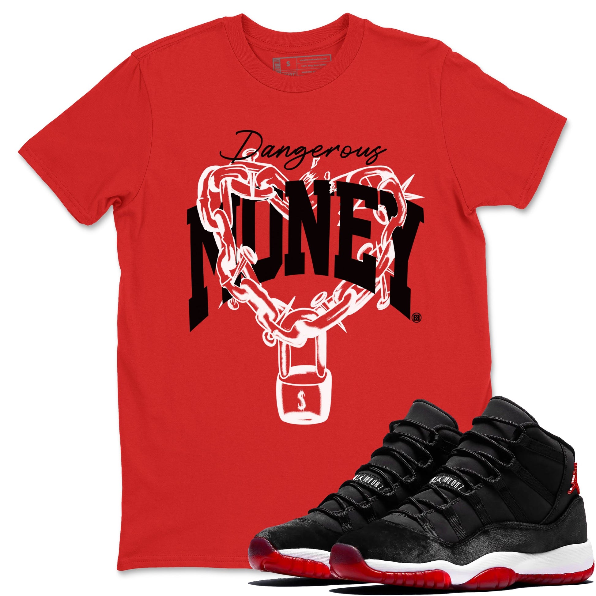 11s Bred Velvet shirts to match jordans Dangerous Money sneaker match tees Air Jordan 11 Bred Velvet match shoes to clothes SNRT Sneaker Tees unisex cotton Red 1 shirts