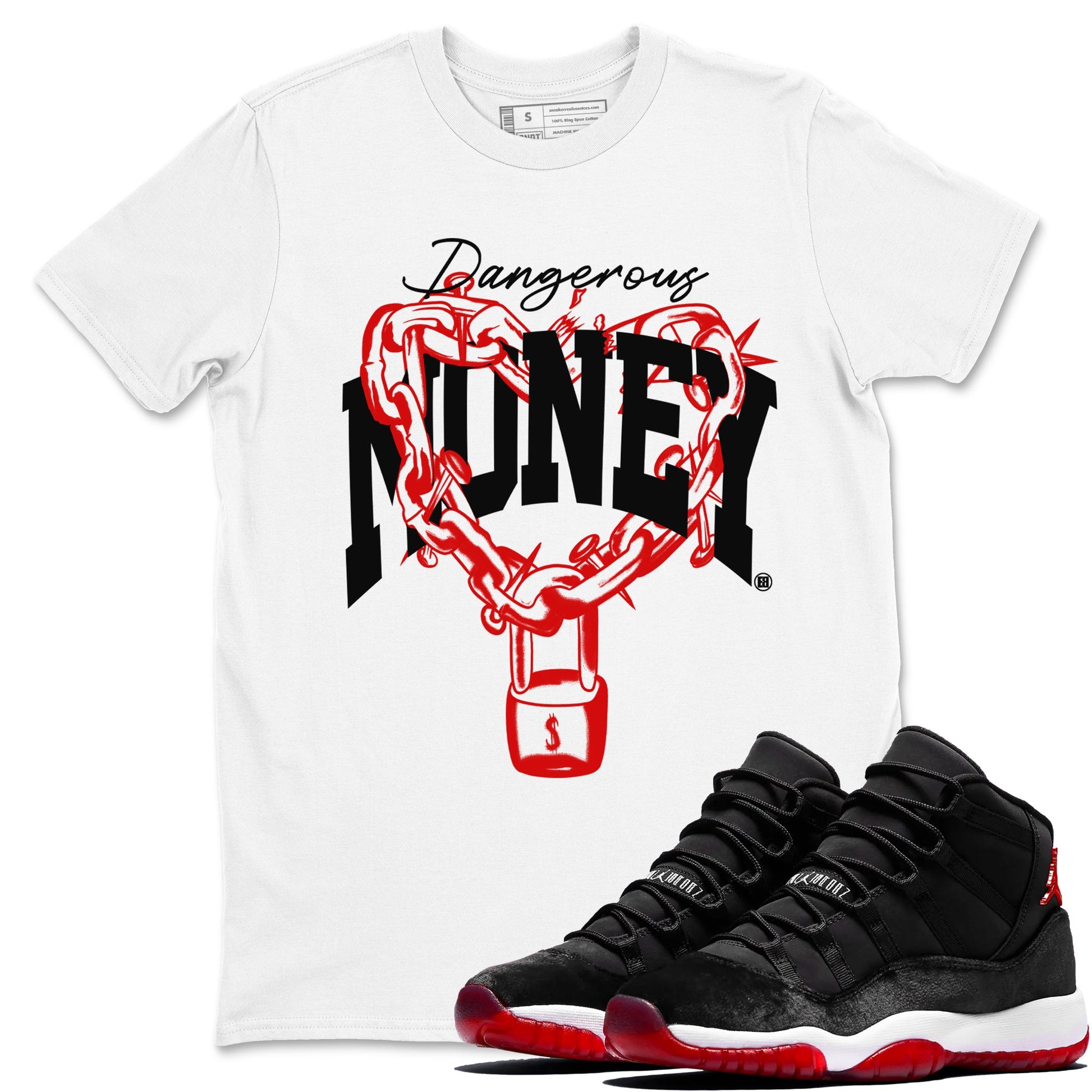 11s Bred Velvet shirts to match jordans Dangerous Money sneaker match tees Air Jordan 11 Bred Velvet match shoes to clothes SNRT Sneaker Tees unisex cotton White 1 shirts