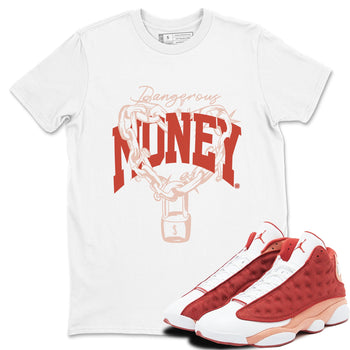 13s Dune Red shirts to match jordans Dangerous Money sneaker match tees Air Jordan 13 Dune Red SNRT Sneaker Tees streetwear brand White 1 unisex cotton tee