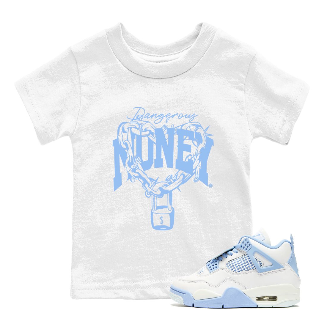 4s Forget Me Not shirts to match jordans Dangerous Money graphic tees Air Jordan 4 Forget Me Not match shoes to clothes SNRT Sneaker Tees Youth Baby White 1 tee
