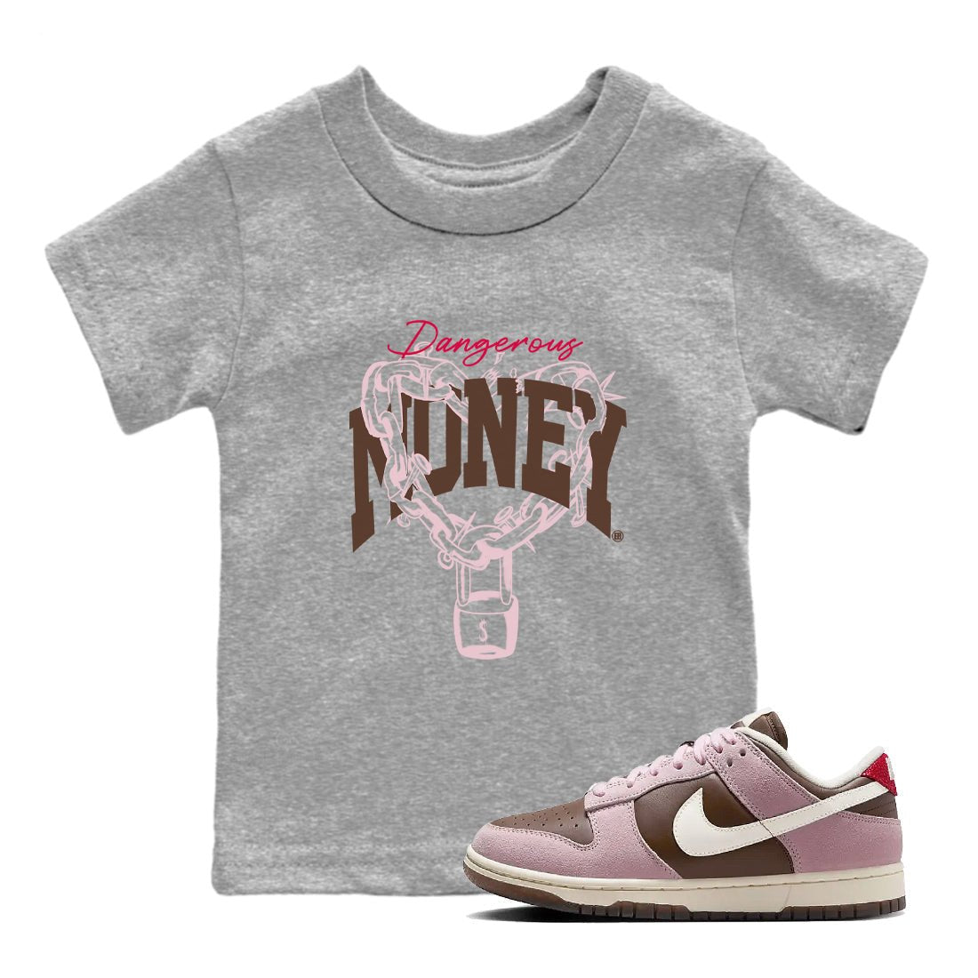 Dunk Cacao Wow And Pink Foam shirts to match jordans Dangerous Money sneaker match tees Dunk Cacao Wow And Pink Foam SNRT Sneaker Tees streetwear brand Baby and Youth Heather Grey 1 cotton tee