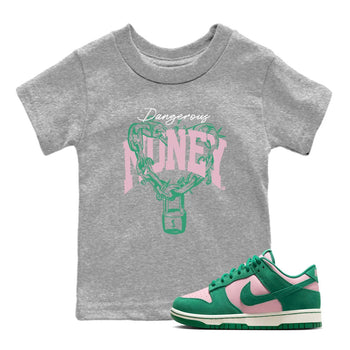Dunk Low Medium Soft Pink Malachite shirt to match jordans Dangerous Money sneaker tees Dunks Medium Soft Pink Malachite Streetwear Brand SNRT Sneaker Release Tees baby toddler Heather Grey 1 cotton Shirt